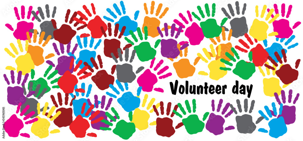Volunteer day, december. International Volunteers. Vector banner. People, help, hand concept Human donation contribution Help wanted. Helpwanted mains. Handprint