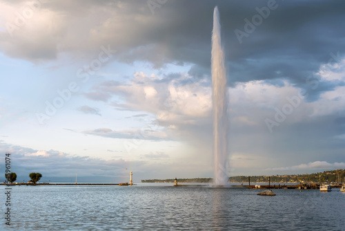 Famous powerful water jet on the Lake Geneva,Switzerland
