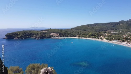 View from the Venetian Castle in the Greek city of Parga on the blue Mediterranean and the sandy Valtos beach photo