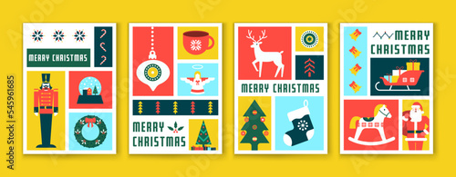 Merry Christmas and Happy New Year greeting card. Creative posters with geometric composition of holiday's symbols. Flat style, geometry, mosaic, modern concept. Vector Illustration