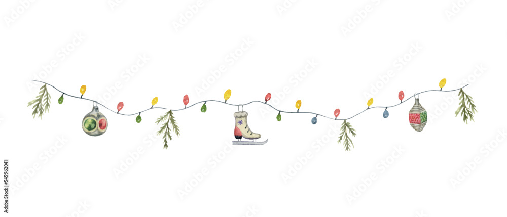 Watercolor vector garland with vintage toys, light bulbs and fir branches.