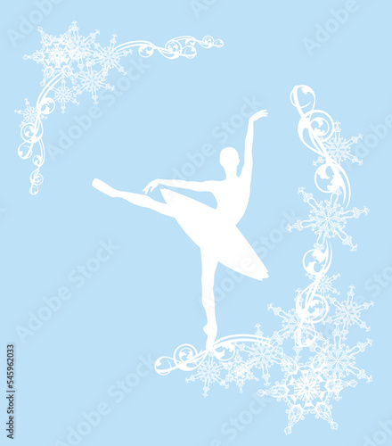 corner frame made of snow flakes with beautiful ballerina girl and frost decor - white vector silhouette set for winter season ballet design