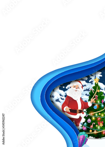 Christmas paper cut poster with Santa and holiday tree, vector winter snow background. Merry Christmas greeting card in paper cut craft art for New Year winter holiday with Satna gifts at Xmas tree