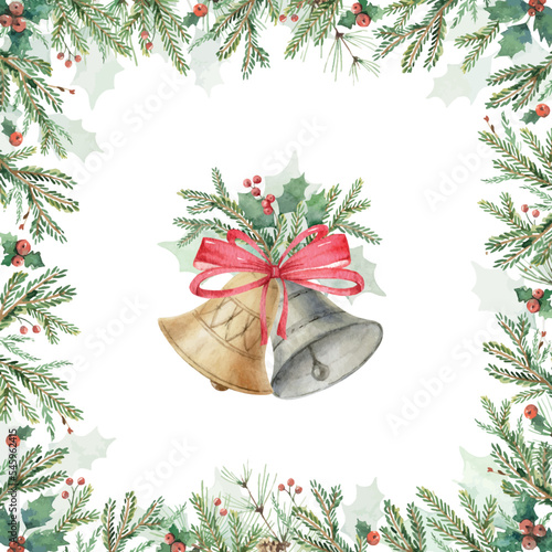 Watercolor vector card with Christmas bells and ornate frames.