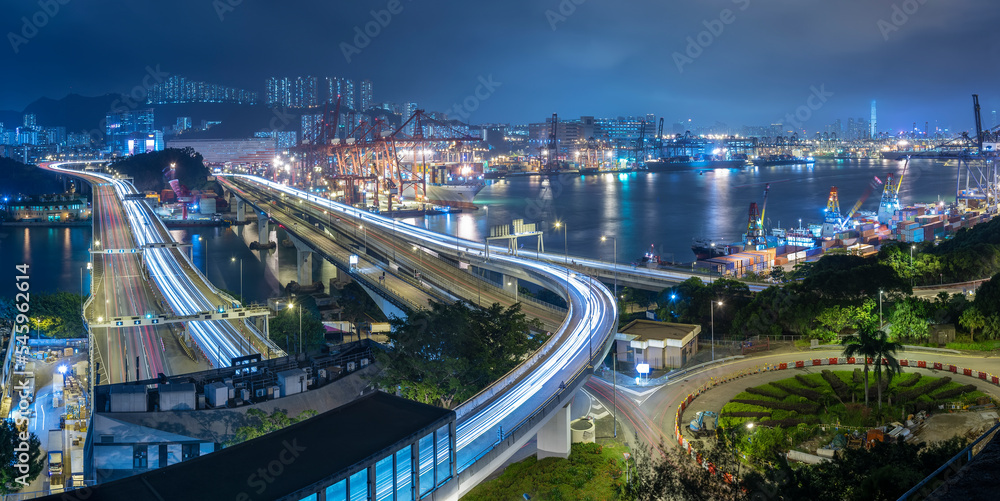 Panorama of Cargo Port and Highway in Hong Kong city