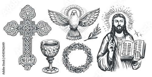 Faith in God concept sketch. Worship, church, religious symbols in vintage engraving style. Vector illustration