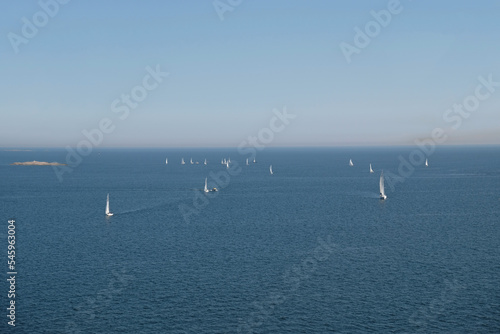 Aerial view of sailboats against blue water with waves and ripples. Many yachts with white sails are sailing. Perfect content for posters or advertising banners, creative projects.