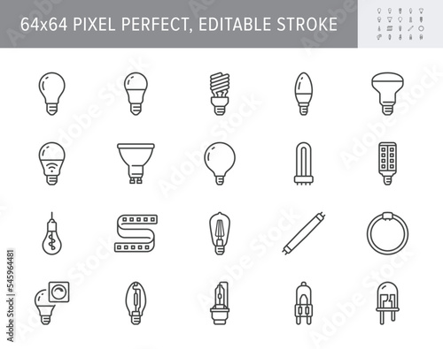 Light bulb line icons. Vector illustration include icon - led, diode, reflector, spiral, halogen, compact fluorescent, incandescent outline pictogram for lamp. 64x64 Pixel Perfect, Editable Stroke