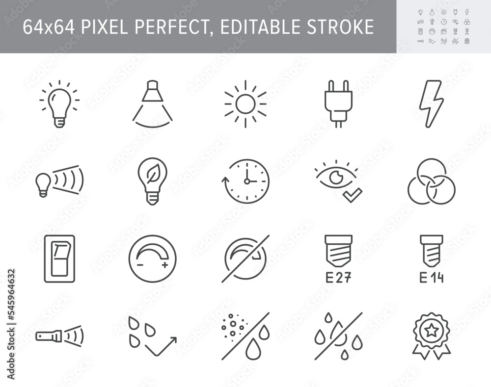 Lamp properties line icons. Vector illustration include icon - brightness, beam angle, electric plug, lumen, flashlight, dimmer outline pictogram for light bulb. 64x64 Pixel Perfect, Editable Stroke