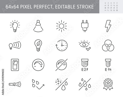 Lamp properties line icons. Vector illustration include icon - brightness, beam angle, electric plug, lumen, flashlight, dimmer outline pictogram for light bulb. 64x64 Pixel Perfect, Editable Stroke
