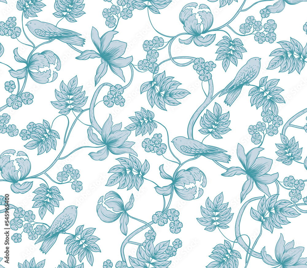 Floral ornament with birds on the branches. Seamless pattern with birds and flowers. Floral ornament with birds on the branches. Seamless pattern with birds and flowers.