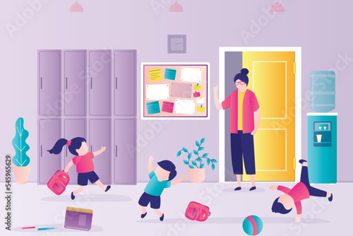 Time break in elementary school, children play active games - run, jump in school corridor. Woman teacher demands discipline, funny pupils. Classmates playing together.