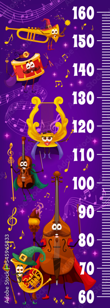 Kids height chart ruler. Wizard and fairy musical instrument characters ...