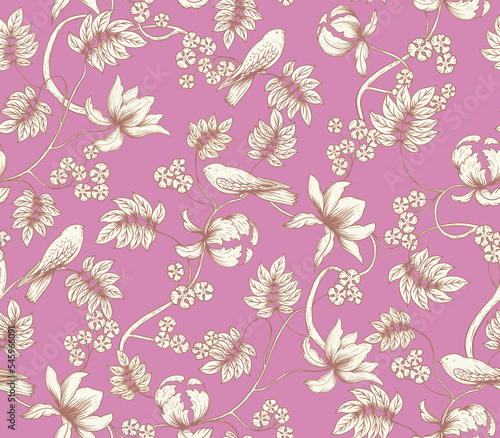 Fototapeta Naklejka Na Ścianę i Meble -  Floral ornament with birds on the branches. Seamless pattern with birds and flowers.