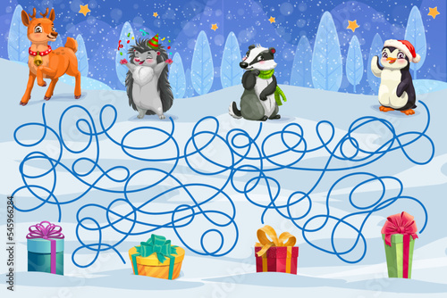 Christmas kids game labyrinth maze or winter holiday quiz, vector worksheet. Reindeer, penguin and cartoon animals in Santa hats to find way to Christmas gifts on snow in labyrinth maze puzzle game