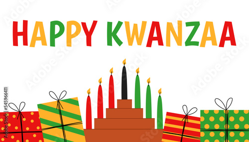 Seven candles in kinara and gift box. Happy Kwanzaa. Holiday african symbols with lettering on white background.