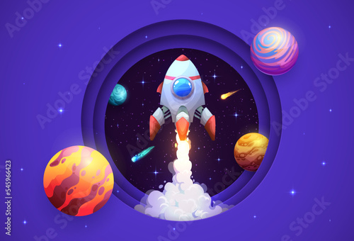 Space paper cut rocket launch and galaxy planets. Vector 3d layered papercut round frame with cartoon rocket, shuttle or spaceship on dark space background with stars, planets, asteroids and meteors