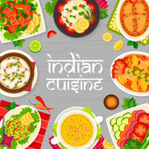 Indian cuisine restaurant menu page cover template. Fish curry, vegetable Bund Gobhi and Kachumber salads, Goan salmon curry, almond Badam Shorba and corn lentil soups, rice Kedgeree, chicken curry