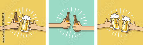 Celebration. Beer festival. Two hands holding the beer bottle and beer glass. Vector illustration. photo