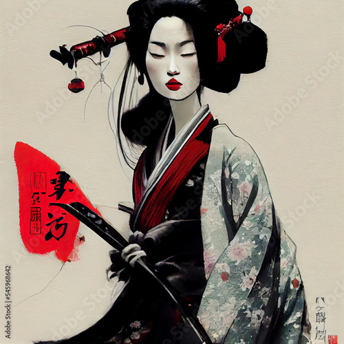 Fototapeta An Ink Japanese Art Illustration of a Geisha holding a Katana