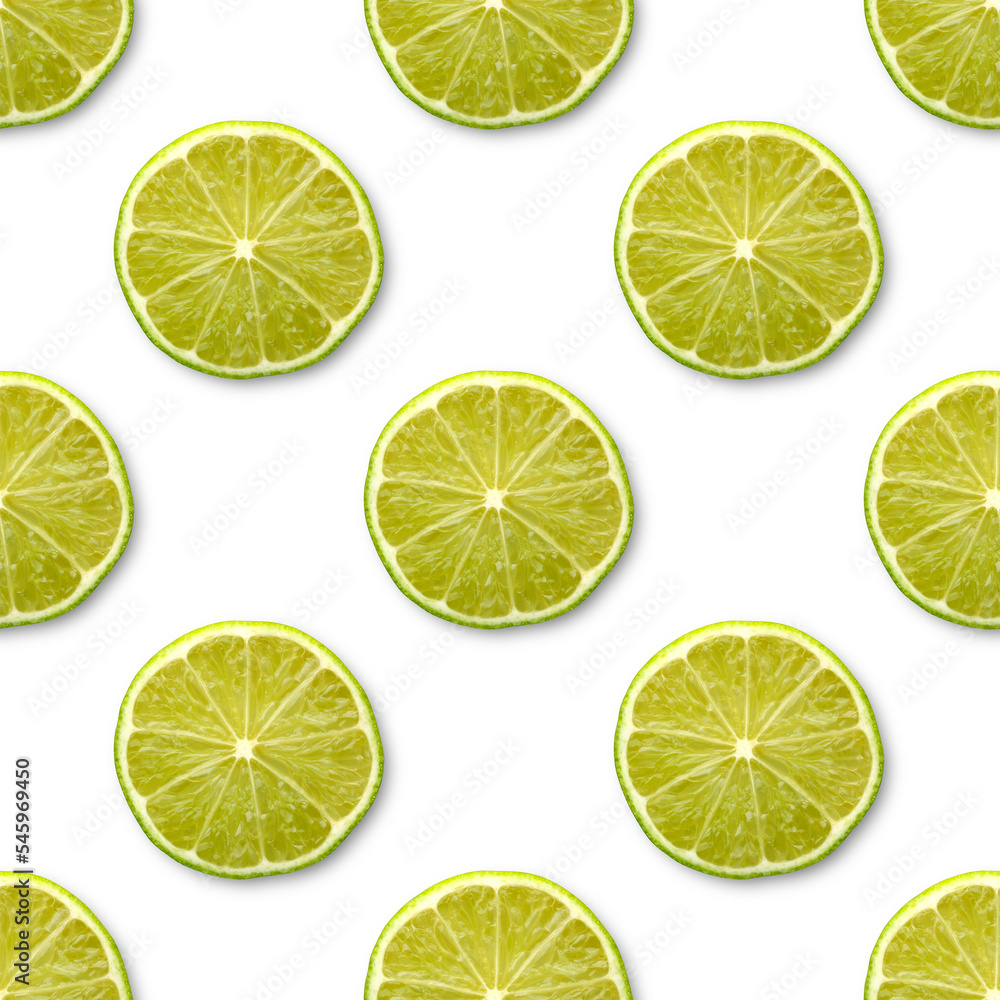 seamless pattern with cut limes on a white background, top view. fruity backdrop.