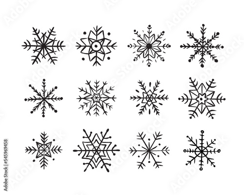 Collection hand drawn snowflakes isolated on white background. Snowflake doodle icon