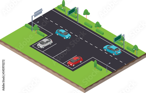 isometric scene of parking spot in highway traffic road with car