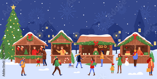 Christmas market. Vector illustration of festival stand and wooden kiosk with people, pine tree, sweets, gifts. Winter holiday fairs decorating fir-tree branches, garlands. Traditional marketplace