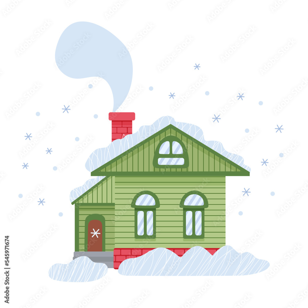 Winter country cozy green house. Snowy day. Vector flat illustration isolated on white. Great for Christmas cards, posters. Flat design.