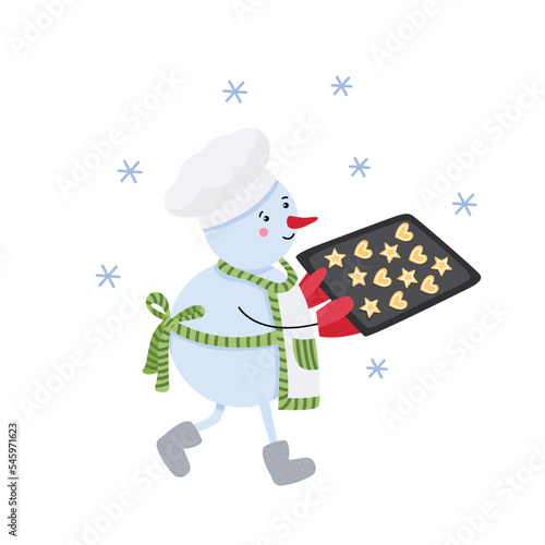 Cute snowman baker with tray full of Christmas cookies.  Flat vector illustration. Great for greeting cards. Winter design.