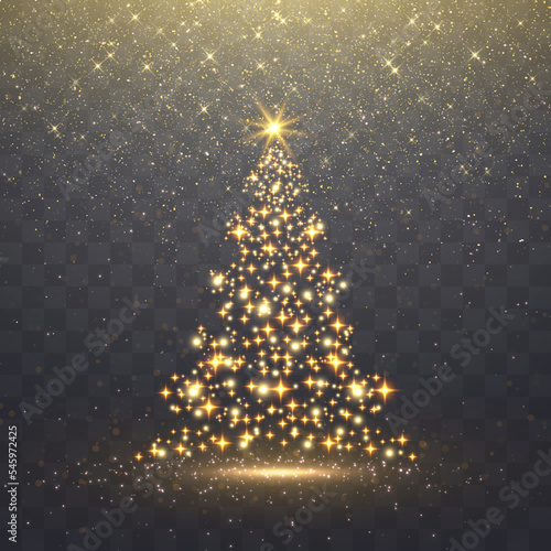Shiny Christmas tree. Glitter gold particles shine effect on png background. Magical light dust, dusty shine. Vector glittering lights in the form of a Christmas tree with bright glowing particles.