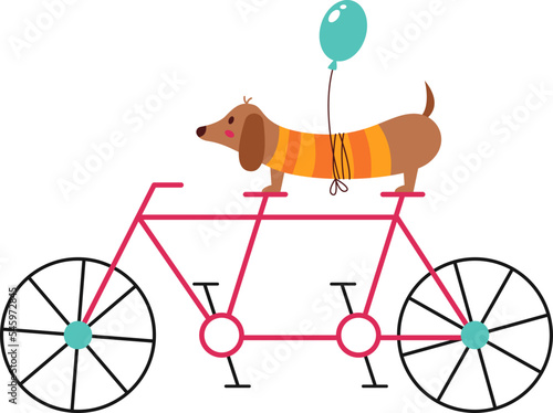 Wild animal on bike flat icon Dachshund Dog with balloon