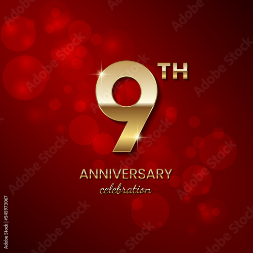 9th Anniversary Celebration. Golden number 9 with sparkling confetti and glitter for celebration events, wedding, invitation, greeting card. Vector illustration