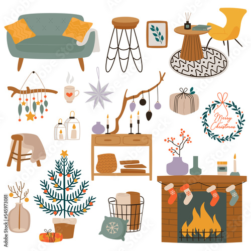 Christmas interior elements flat icons set. Winter holiday house decorations. Cozy home furniture. Fireplace with socks, couch, vase, candle, chair and table. Color isolated illustrations