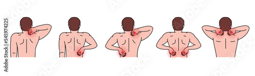 Human back and neck pains. Ache in head, neck and back. Pain in different part of man body set. Health problem of muscle pain and spinal issues.