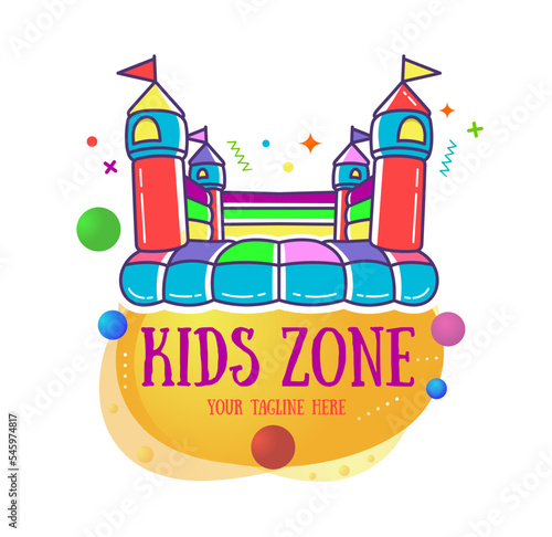 Bouncy castle cartoon logo. Kids zone concept. Children Playground sign.