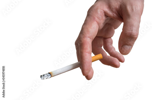 Man (smoker) is holding cigarette in hand. Isolated on transparent background.