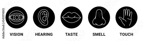 Five senses of a human. Vision, smell, hearing, touch, taste icons. Set of human sensory organs. Vector illustration. Eye, nose, ear, hand, mouth icon set.