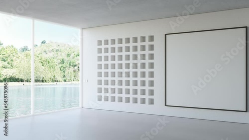 Empty white blank picture frame on concrete wall of bright living room in modern house or luxury hotel. Minimal home interior 3d rendering with mountain and lake view.