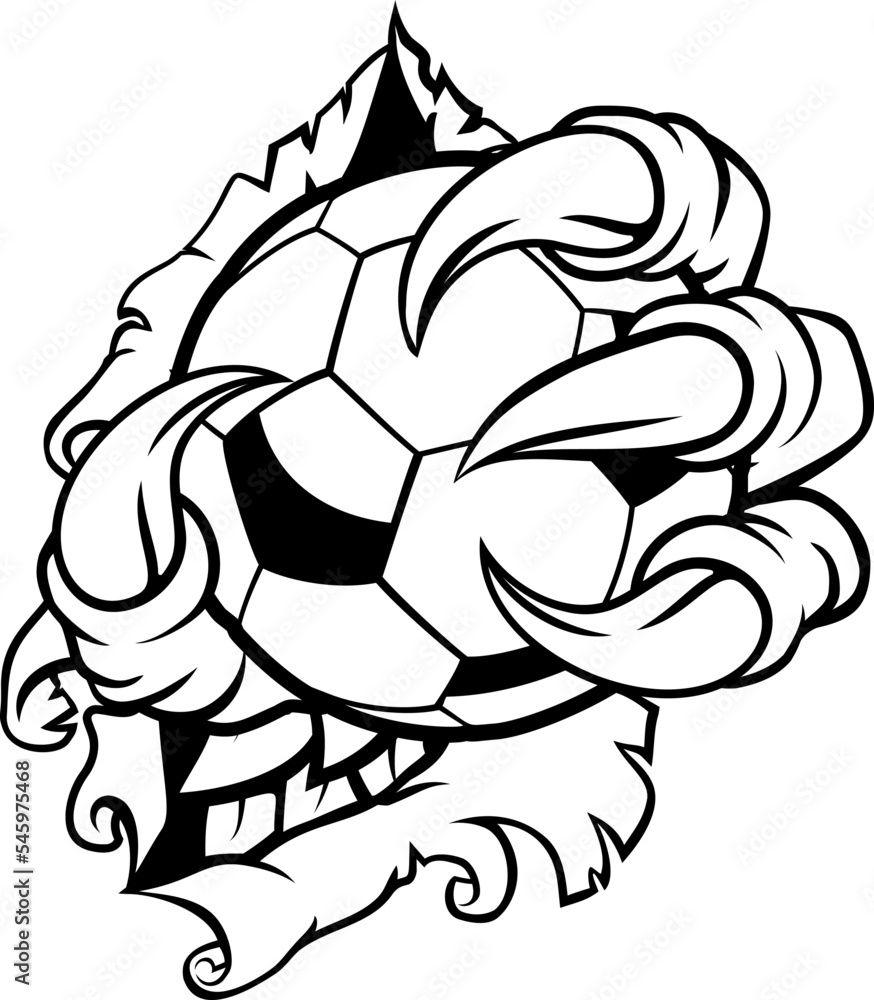 A claw with talons holding a soccer football ball. Could be a monster like a dragon or dinosaur or perhaps bird like an eagle or hawk. Ripping or tearing through the background. A claw with talons holding a soccer football ball. Could be a monster like a dragon or dinosaur or perhaps bird like an eagle or hawk. Ripping or tearing through the background.