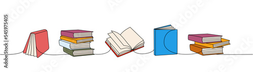 Set of books one line colored continuous drawing. Bookstore, library continuous one line colorful illustration. Vector minimalist linear illustration.