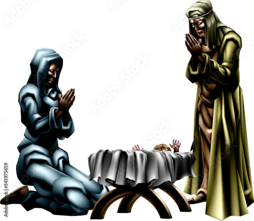 A Christmas Nativity Scene illustration with Mary, Joseph and baby Jesus.