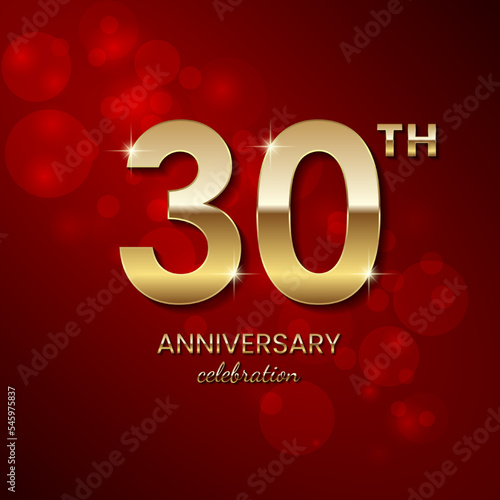 30th Anniversary Celebration. Golden number 30 with sparkling confetti and glitter for celebration events, wedding, invitation, greeting card. Vector illustration