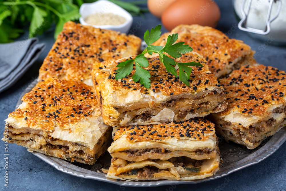 Traditional delicious Turkish cuisine, Turkish food; handmade mince pie, Turkish name; Kayseri Tandir boregi, Tandir boregi or tava boregi