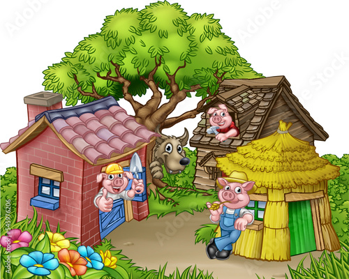 The three little pigs and big bad wolf from the fairy tale nursery rhyme cartoon scene