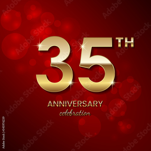35th Anniversary Celebration. Golden number 35 with sparkling confetti and glitter for celebration events, wedding, invitation, greeting card. Vector illustration