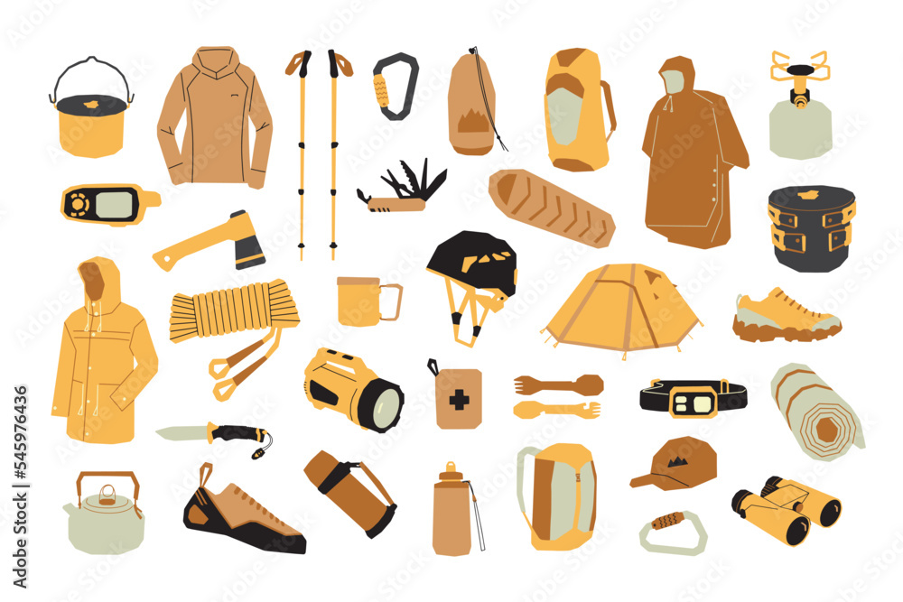 Set of hiking equipment. Items for camping, trekking and climbing