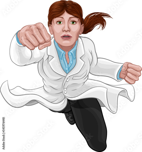 A super hero woman female scientist or doctor in a lab coat flying through the sky in a classic superhero pose