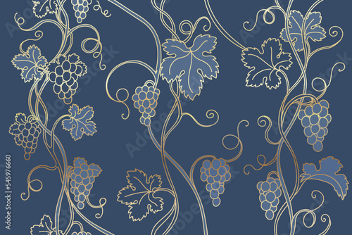 Vector gold Grapevines seamless background. Golden line leaves and grape banches on blue background Fabric, Wallpaper, Invitations pattern photo