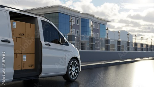 Cargo Service by White Minibus
It is known that the packaged products are delivered by minibus, and the logo is printed on the vehicle.